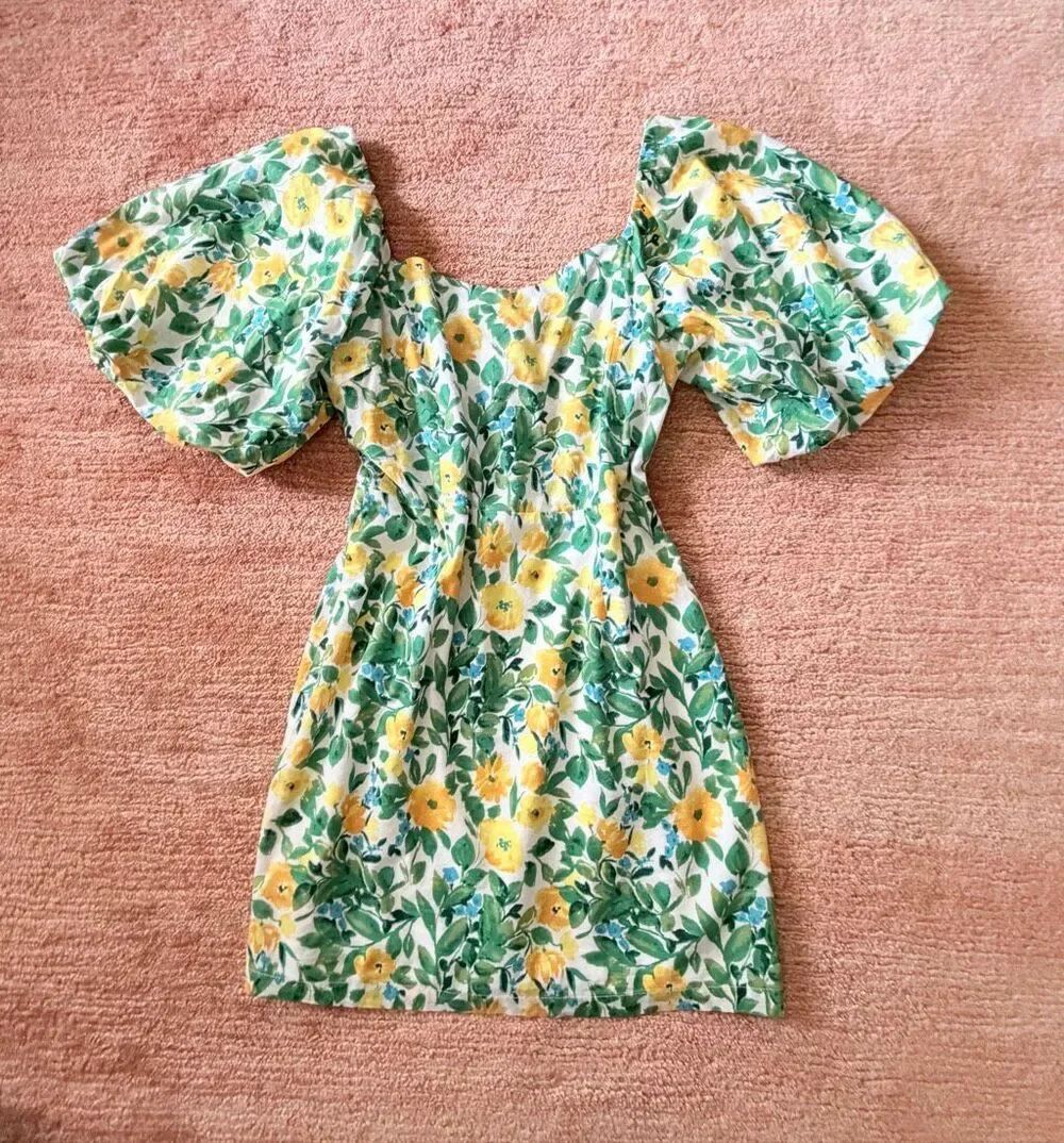 Milk & Honey M Floral Puff Sleeve Mini Dress Cottagecore Smocked Back Lined